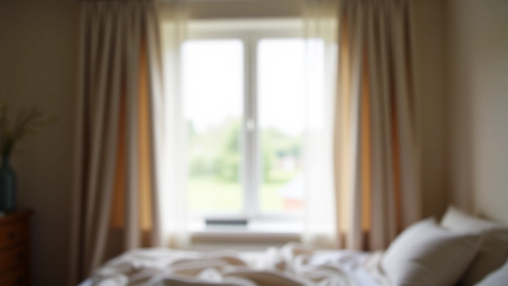 Bedroom window with heavy linen curtains drawn, showing complete darkness inside during daytime