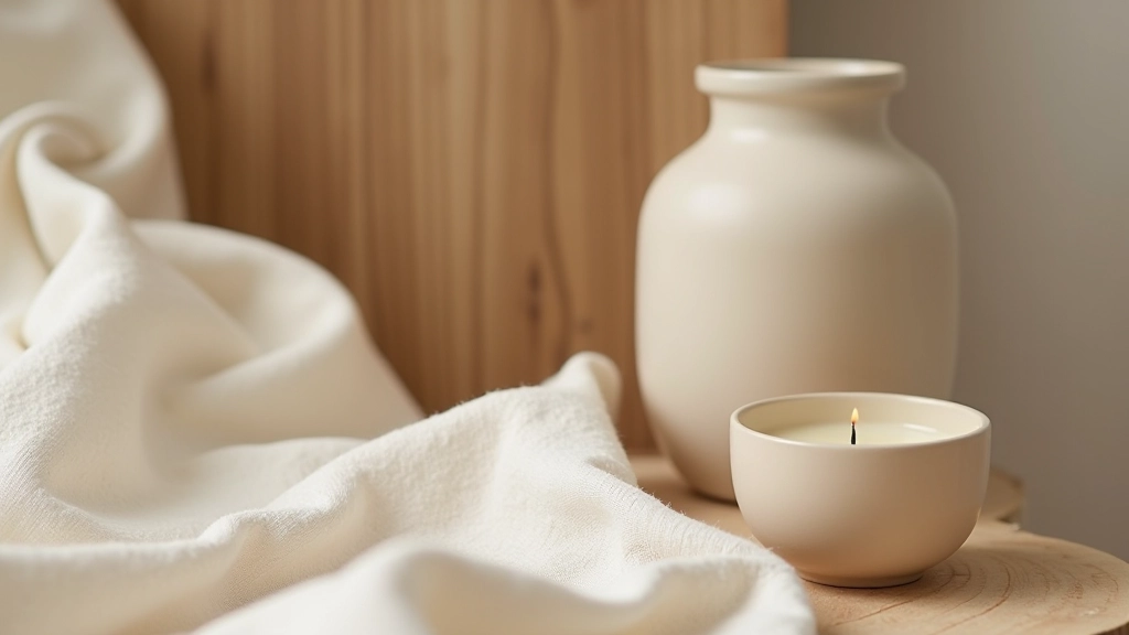 Close-up of natural textiles, linen fabric, wooden surface, ceramic vessel, soft natural lighting showing texture detail