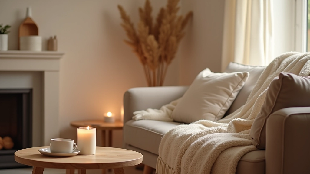Living room with soft wool throw blanket on chair, wooden coffee table with single candle, neutral walls