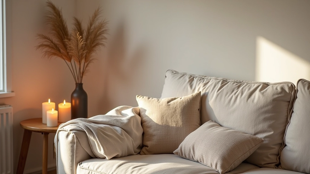 Minimalist Irish living room with natural wood furniture, soft cream textiles, and warm candlelight