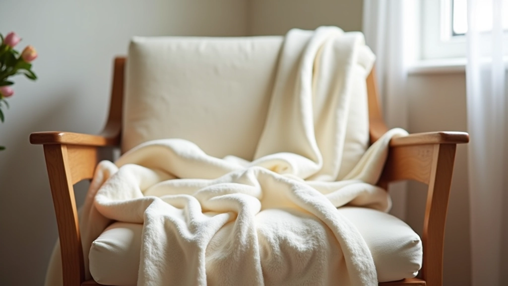Soft wool throw blanket draped over wooden armchair, cream and grey tones, cosy bedroom setting with natural light