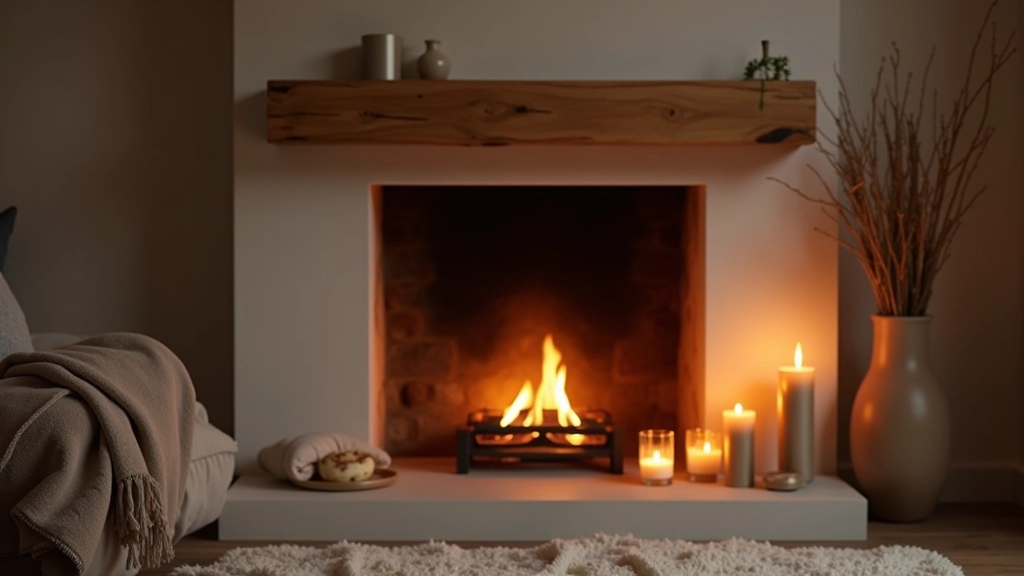 Fireplace with candles, minimal decorations on mantel, warm glow, cosy Irish living room setting