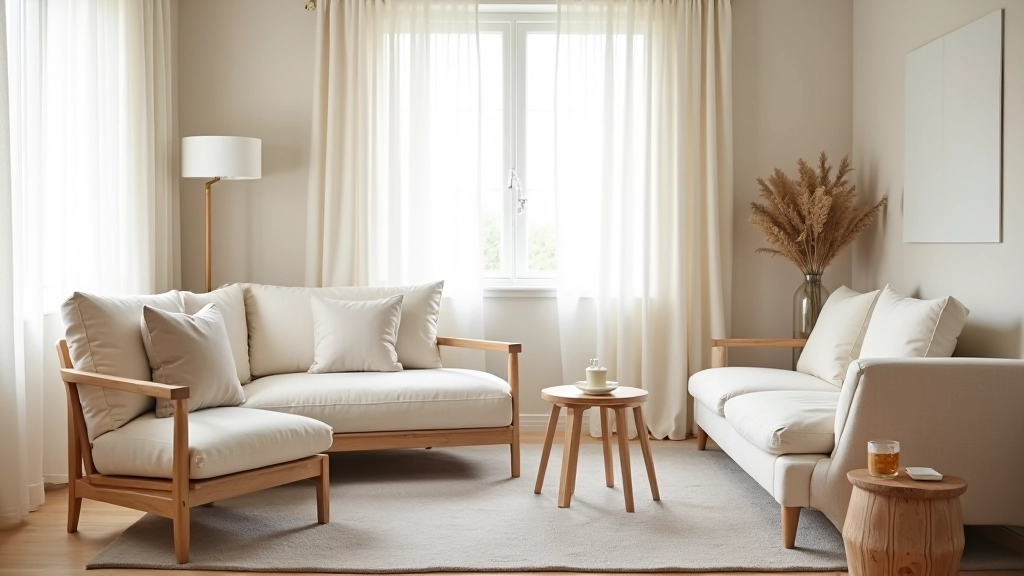 Minimalist room with wooden furniture, cream linen curtains, grey wool rug, natural daylight creating warm shadows