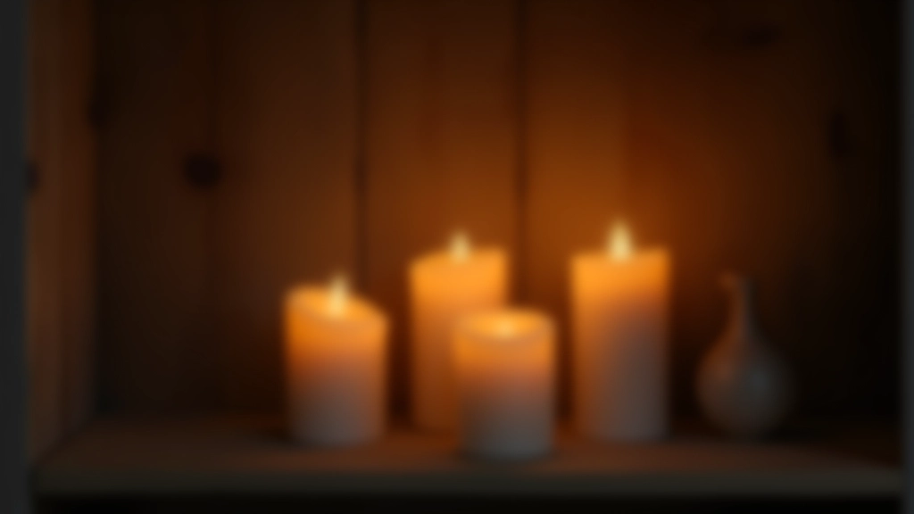 Close-up of lit pillar candles on dark wooden shelf, warm golden glow illuminating minimalist space, soft shadows, evening ambiance