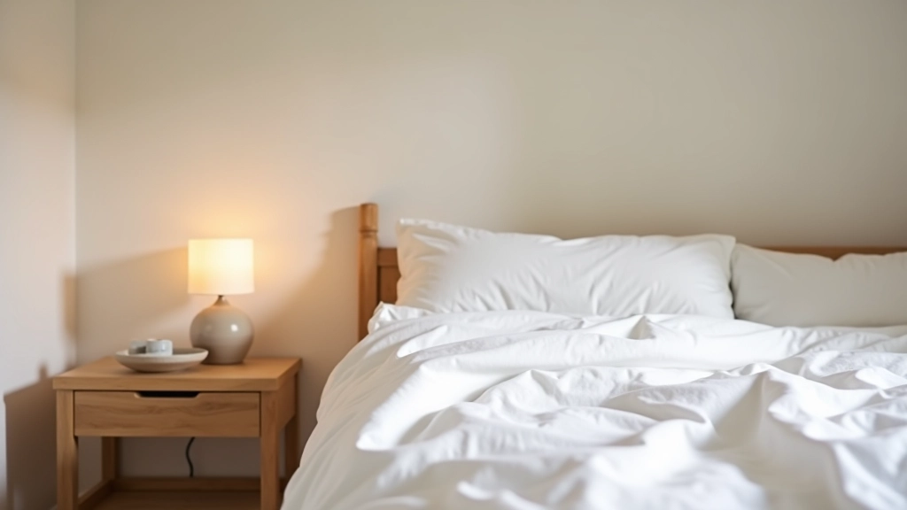 Bedroom with natural wood bed frame, white linen bedding, and soft amber lamp on nightstand