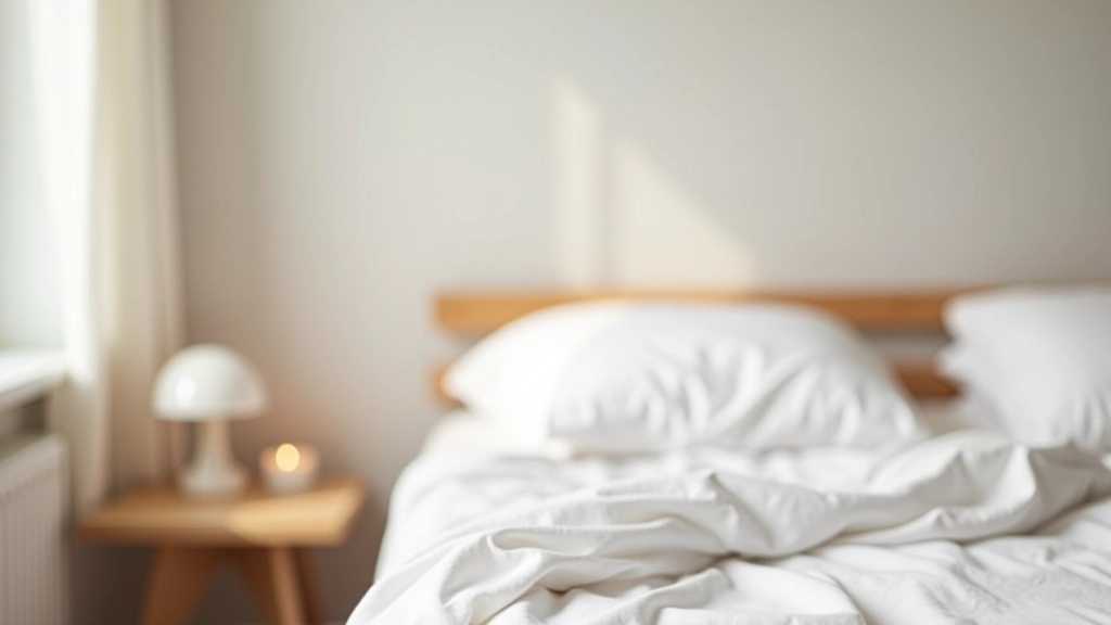 Minimalist bedroom with wooden bed frame, white linens, and one bedside table with a small lamp