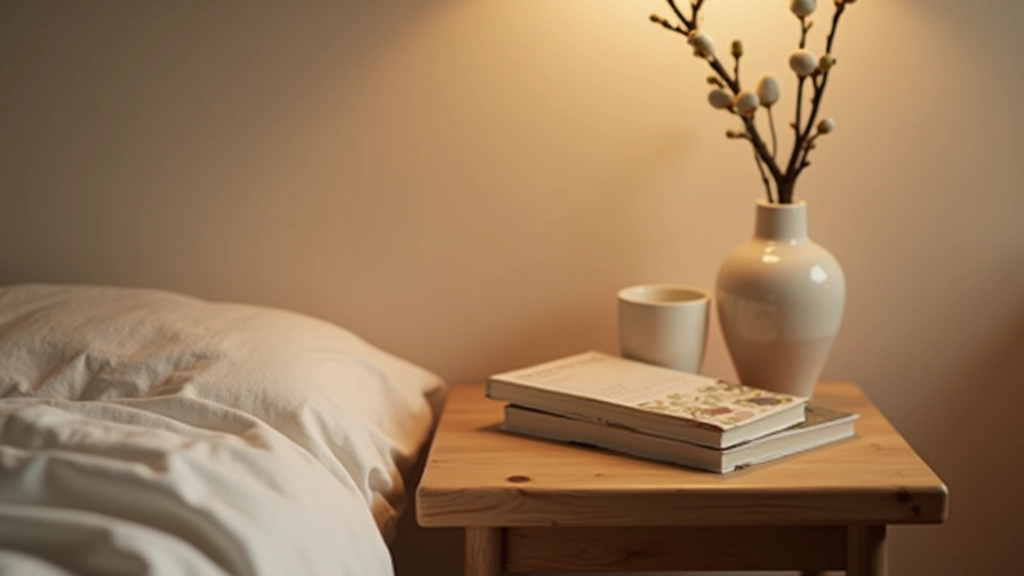Bedside table with one book, a glass of water, and a single decorative object