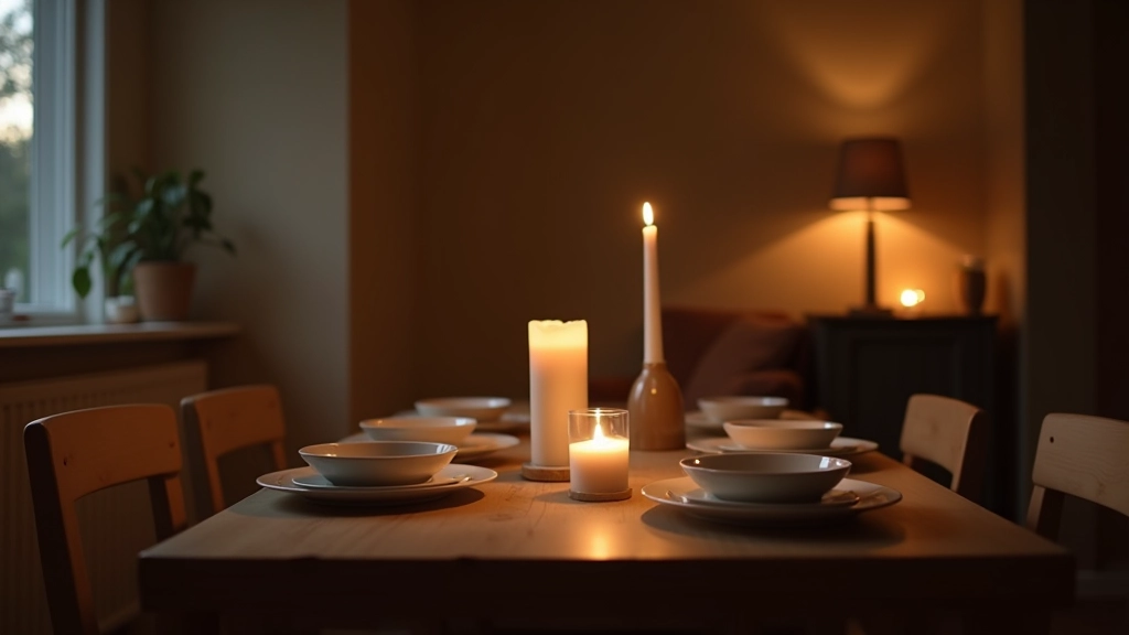 Dining table with candles lit, warm ambient lighting, muted tone tableware, evening setting, windows dark outside