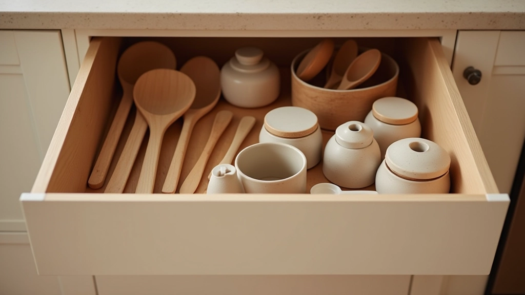 Tidy kitchen drawer with organized items, wooden utensils, ceramic containers, strategic spacing between objects, warm natural light