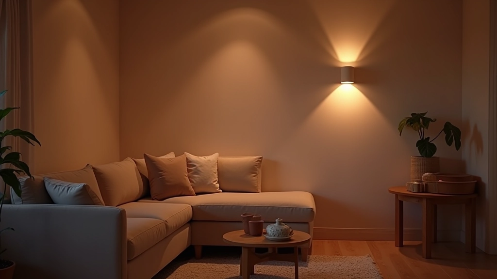 Minimalist living room in evening, wall-mounted sconce providing warm focused light, sofa in soft shadow, natural wood details visible, cosy atmosphere