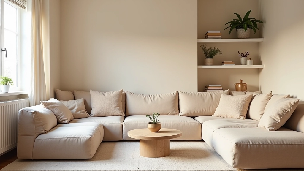 Living room with minimal furniture, carefully curated objects on shelves, soft neutral tones, natural light from windows