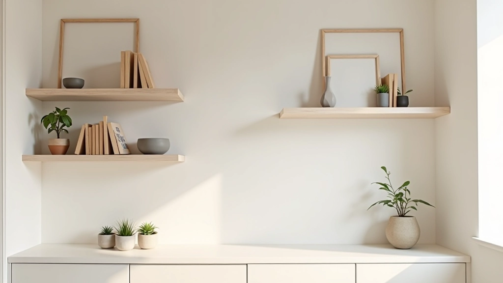 Shelving with carefully arranged items, books, wooden box, ceramic vessel, ample empty space between objects