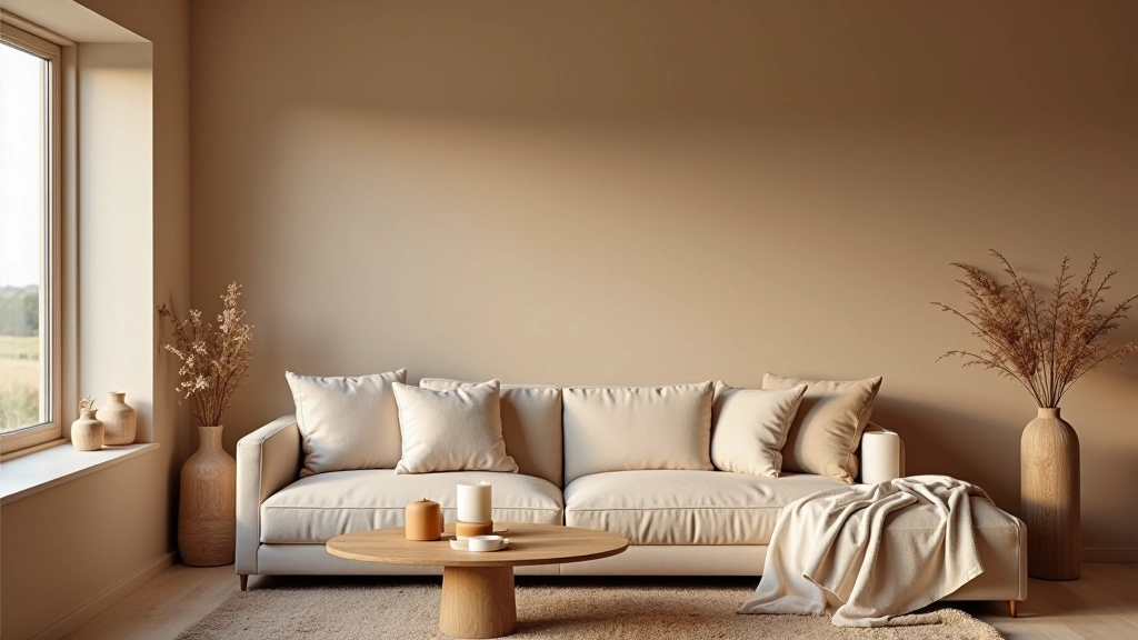 Beautifully designed minimalist living room with warm textures and natural elements