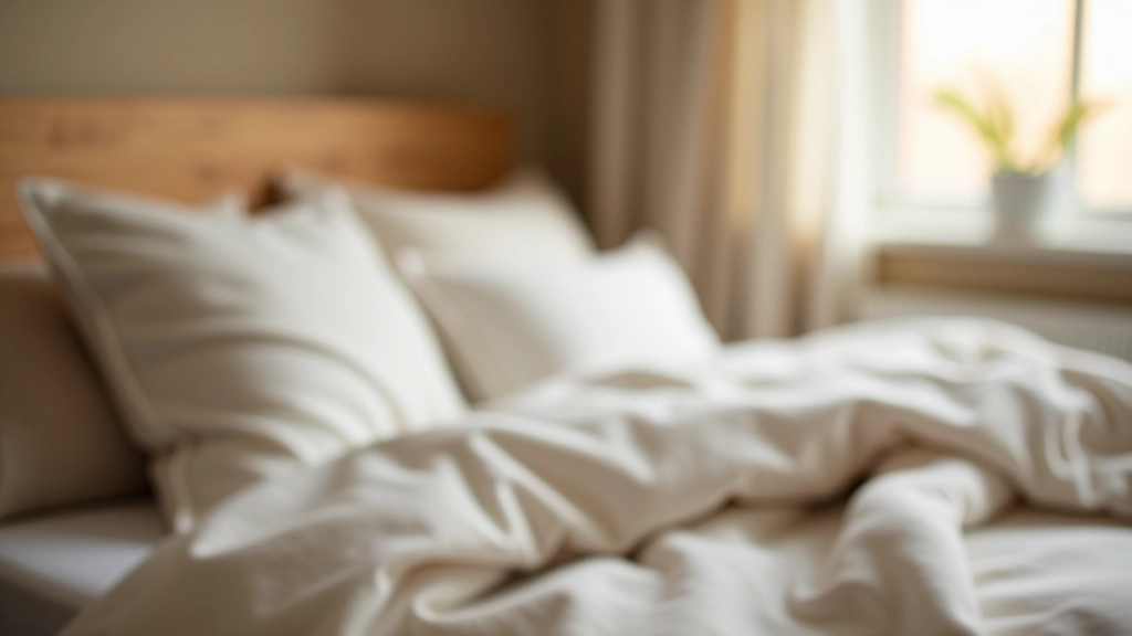 Close-up of natural linen bedding texture with warm wood headboard in soft morning light